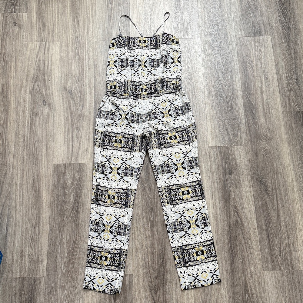 Ali Ro Silk Jumpsuit size 0 on Black, White, and Gold Patterned Aztec
